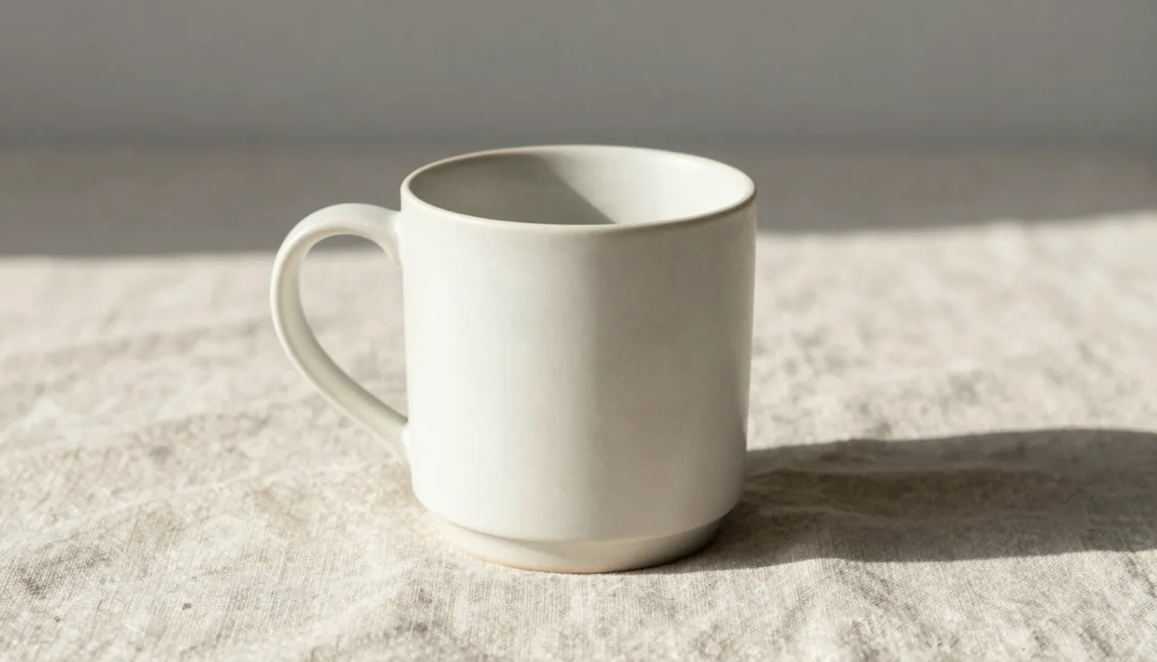 Product photo of a matte mug on linen with long morning shadows