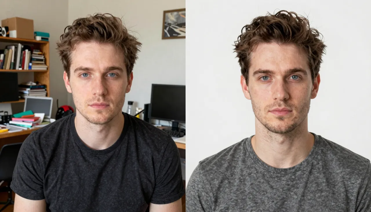 Portrait of a man before and after the background is replaced with clean studio