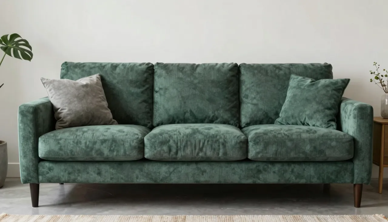 Living room photo where a grey sofa is recoloured to deep green