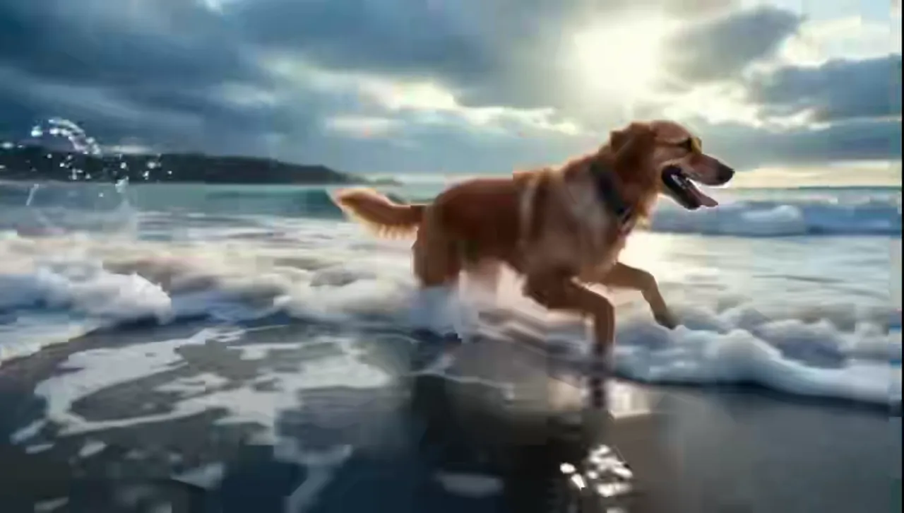 Video frame: a golden retriever dashing through beach surf with frozen splashes