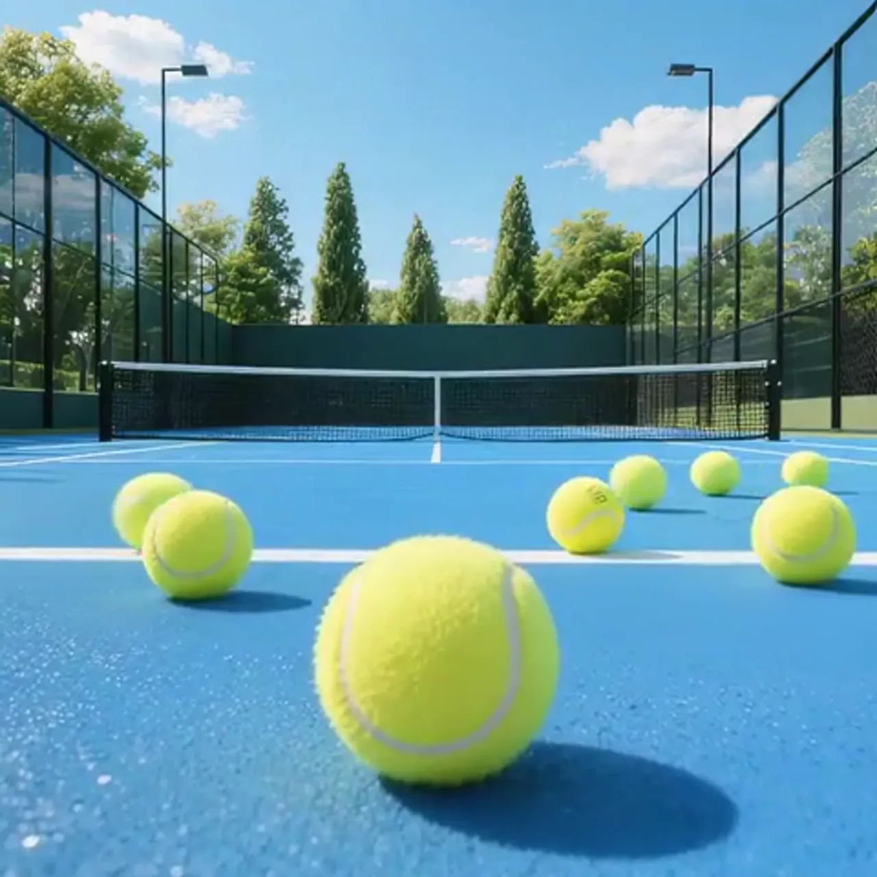Video frame: tennis balls rolling across a quiet blue court at morning