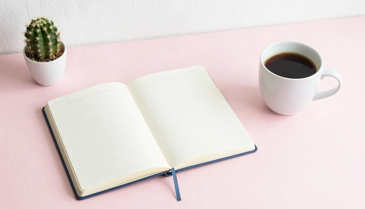 Minimal bright desk with notebook, coffee cup and a small cactus