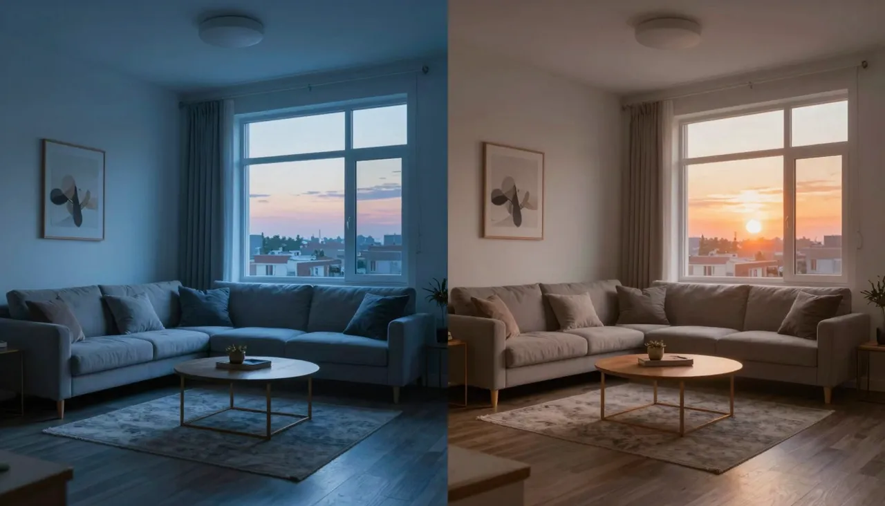 Same living room in cold blue evening and warm sunset light