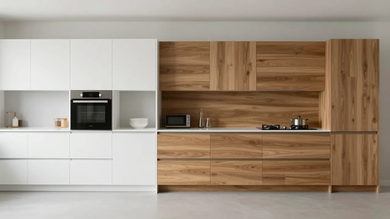 Modern kitchen shown twice: minimal white beside warm wooden styling