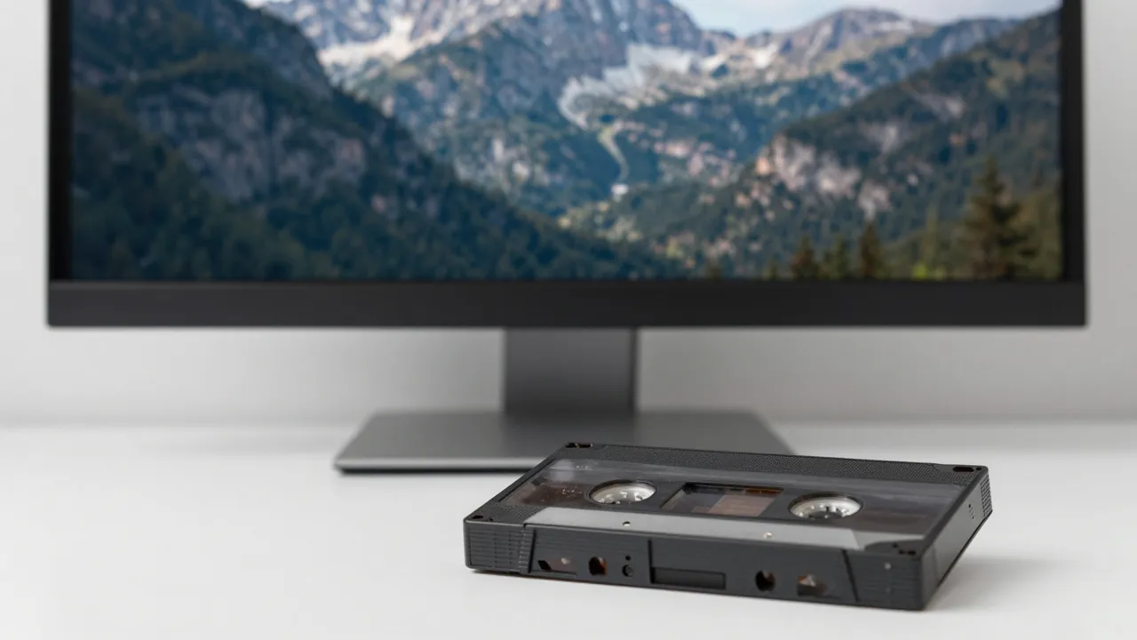 Old videotape on a desk beside a monitor showing a crisp mountain landscape