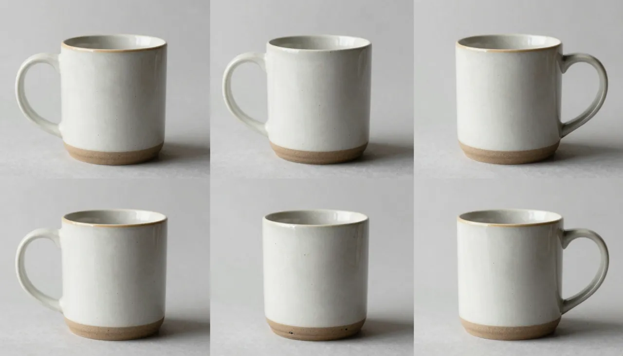 Three reference photos of the same ceramic mug from different angles
