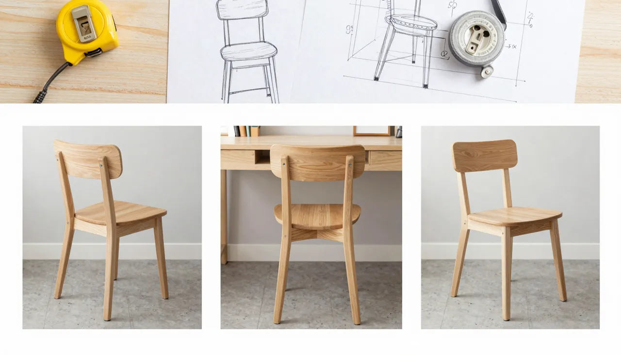 Flat lay of three wooden chair photos beside a tape measure and sketch