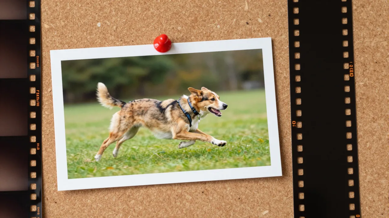 Photo of a running dog pinned beside a strip of film frames