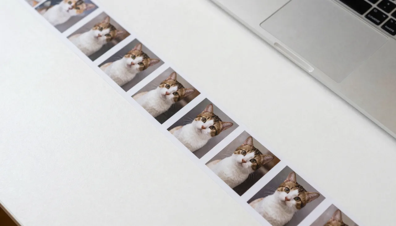 Cat photograph on a desk beside sequential frames of the same cat