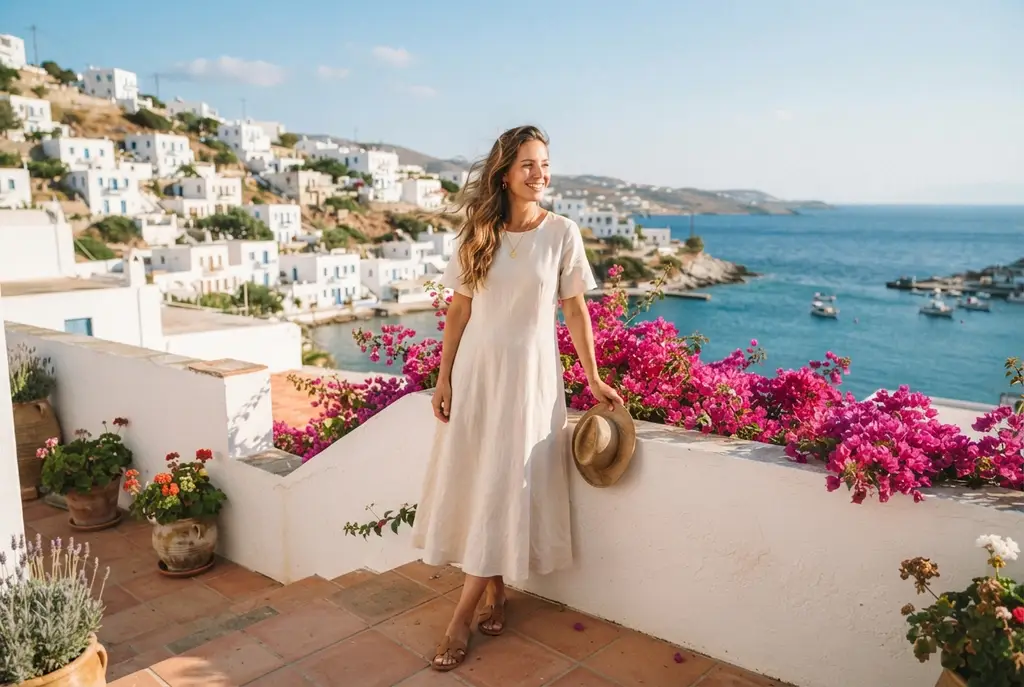 Woman in a linen dress on a sunlit Mediterranean seaside terrace