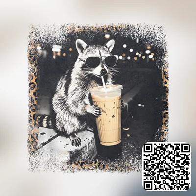A raccoon sipping coffee design featuring png file, sublimation, digital download.