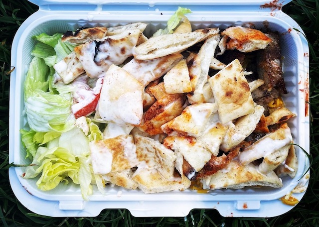 Photo of the food from above from the cart located at 72nd Street and Central Park West Avenue