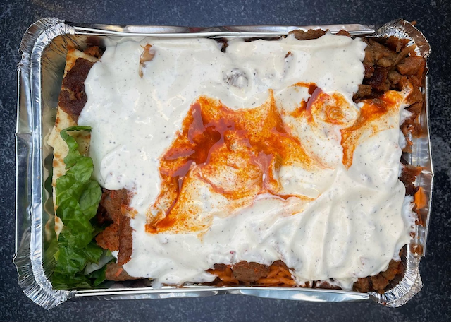 Photo of the food from above from the cart located at 50th Street and 6th Avenue