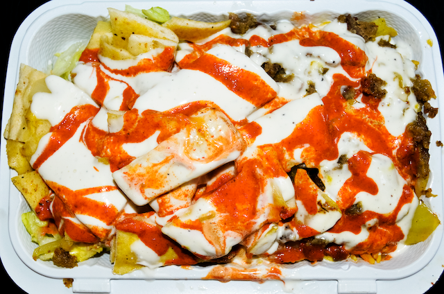 Photo of the food from above from the cart located at 116th Street and Amsterdam Avenue