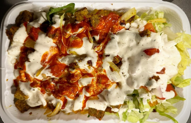 Photo of the food from above from the cart located at 44th Street and 6th Avenue