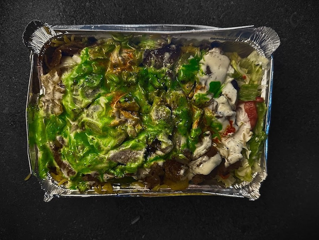 Photo of the food from above from the cart located at 14th Street and Union Square West Avenue