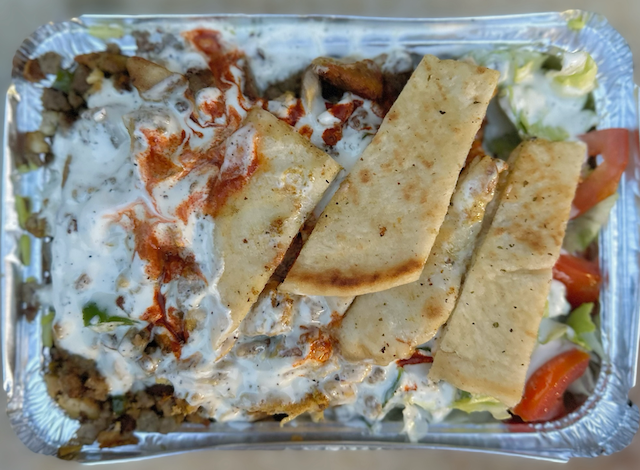 Photo of the food from above from the cart located at Adams Street and Fulton Avenue