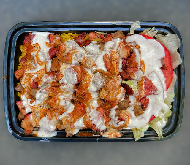 Photo of the food from above from the cart located at 76th Street and Broadway Avenue