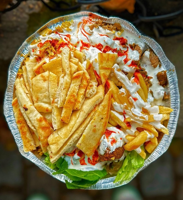 Photo of the food from above from the cart located at 28th Street and 10th Avenue