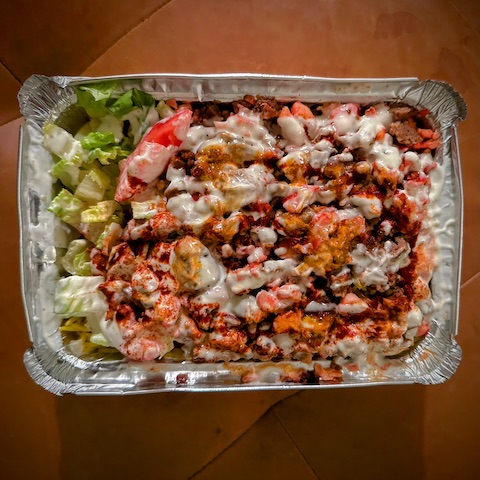 Photo of the food from above from the cart located at 59th Street and Broadway Avenue