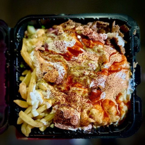 Photo of the food from above from the cart located at 52nd Street and 6th Avenue