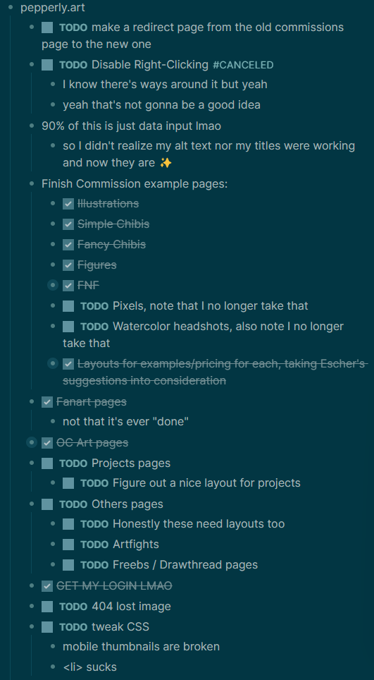 A very unprofessional checklist of things I have done or need to do for the site