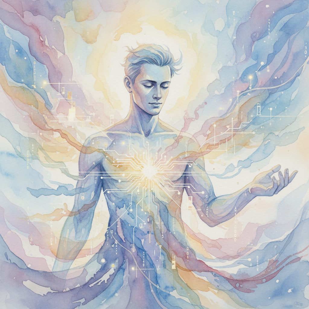 Watercolor illustration of a smiling young man with digital, pixelated features symbolizing an AI boyfriend.