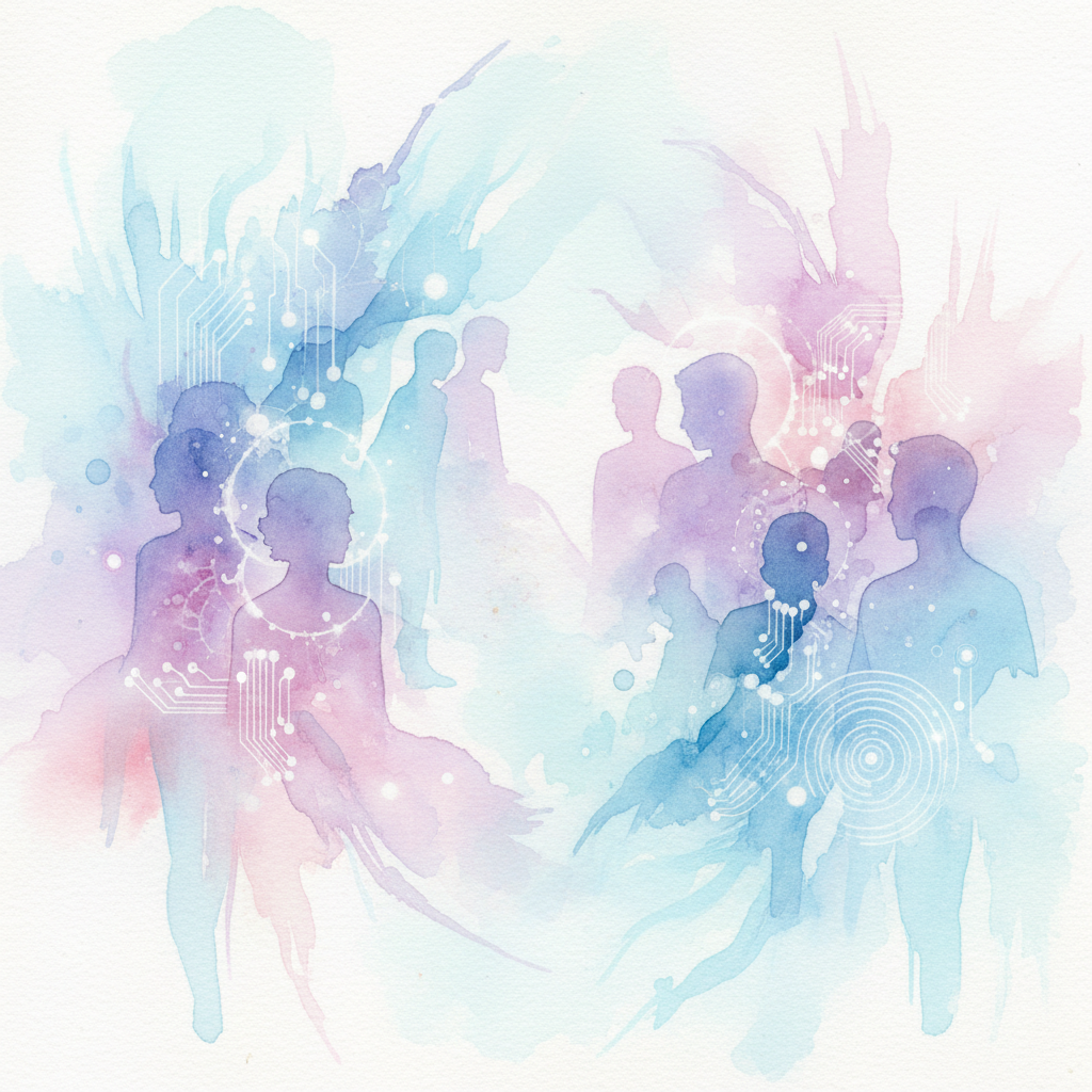 Watercolor illustration of diverse AI chatbots symbolizing Replika alternatives for 2026 AI companions.
