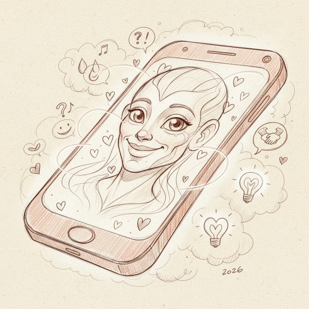 Sketch of a friendly robot with a heart symbol, representing an AI companion app for emotional support in 2026.