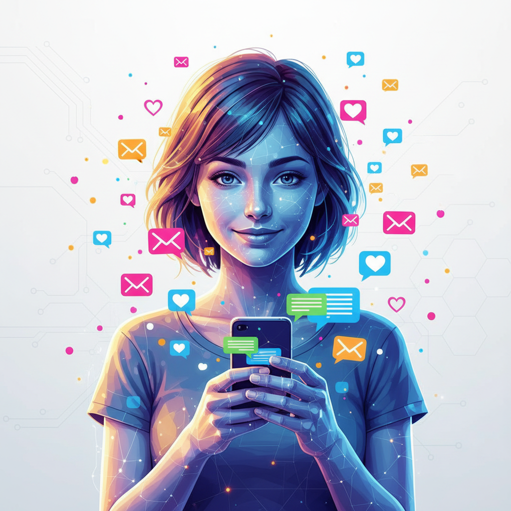 Illustration of a smiling AI girlfriend on a smartphone screen with chat bubbles representing SMS messages.
