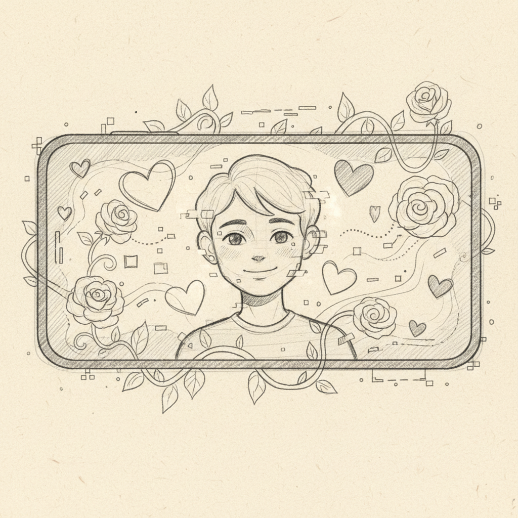 Sketch of a smiling woman holding a smartphone with a heart-shaped AI chatbot icon on the screen.