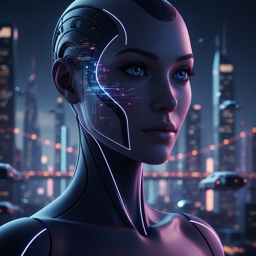 Cinematic scene of a futuristic woman with glowing eyes, symbolizing an AI girlfriend in a virtual world.