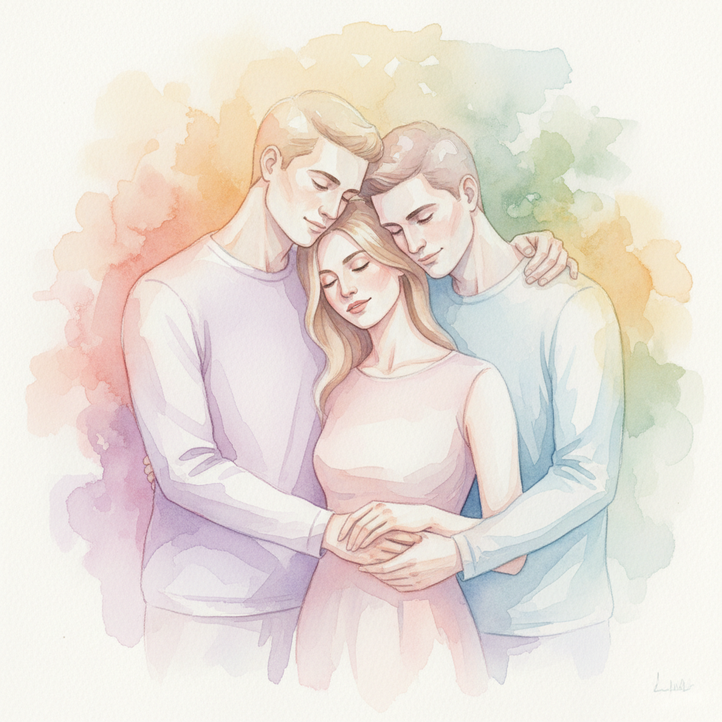 Watercolor illustration of a couple and their boyfriend smiling together outdoors, symbolizing modern relationships.