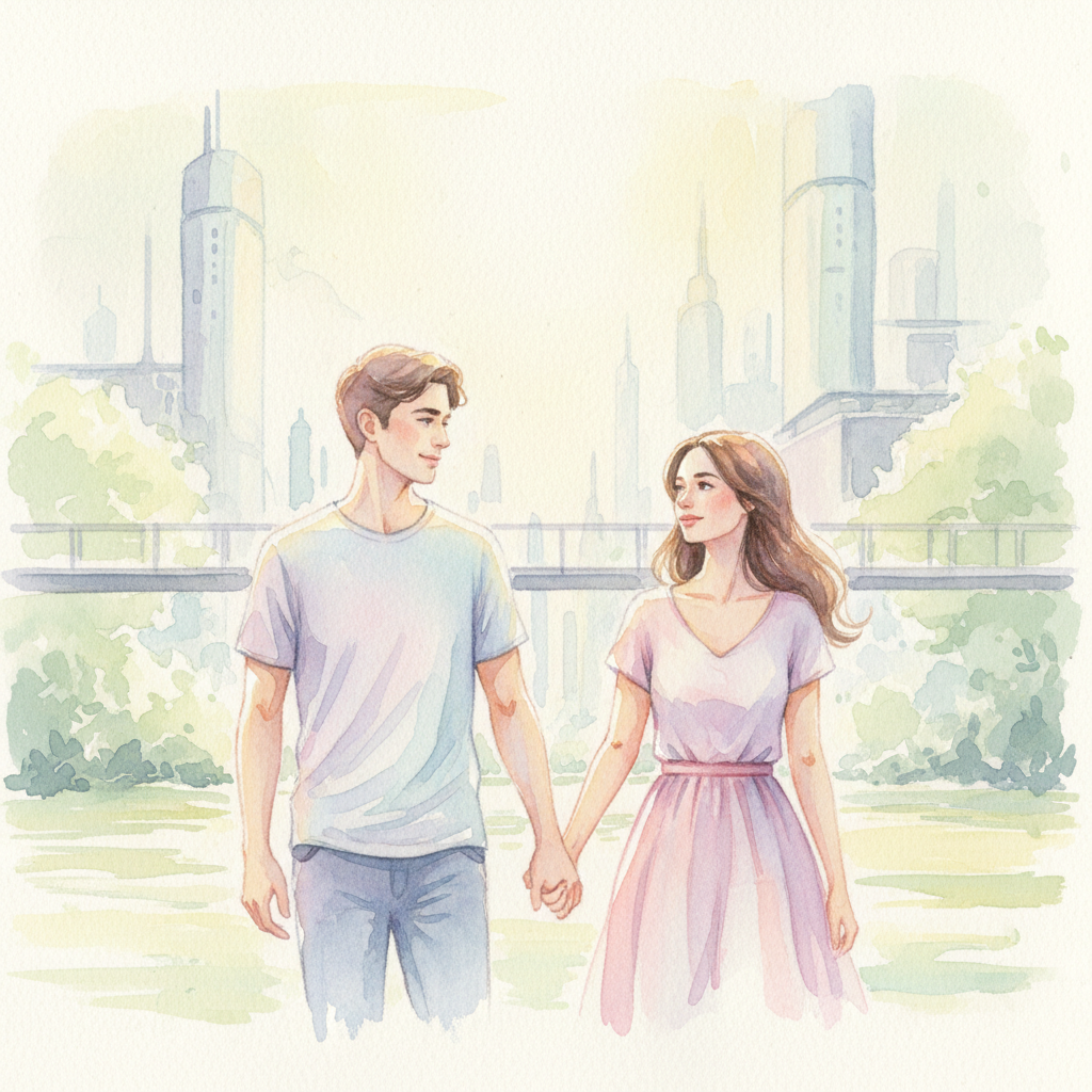 Watercolor illustration of a smiling couple holding hands, symbolizing a modern girlfriend and boyfriend relationship.