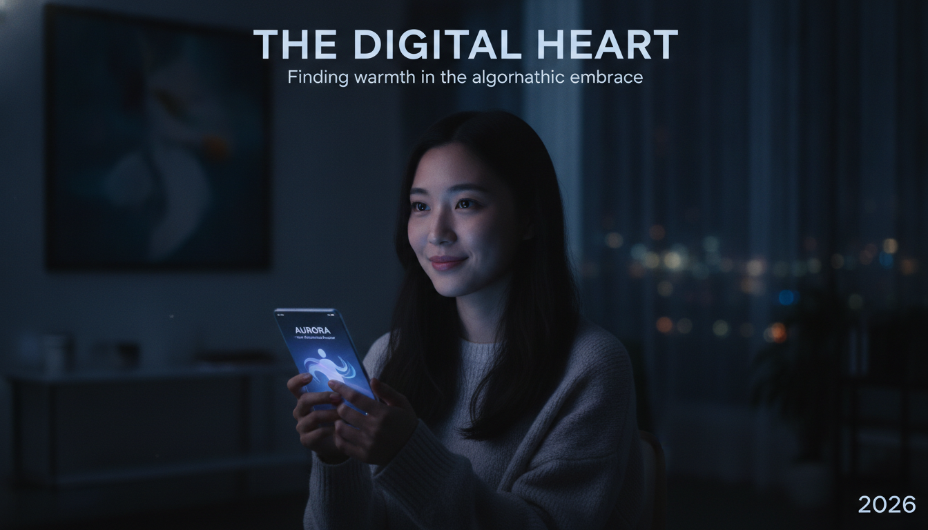 Cinematic scene of a person smiling while interacting with a friendly AI companion app on a smartphone.