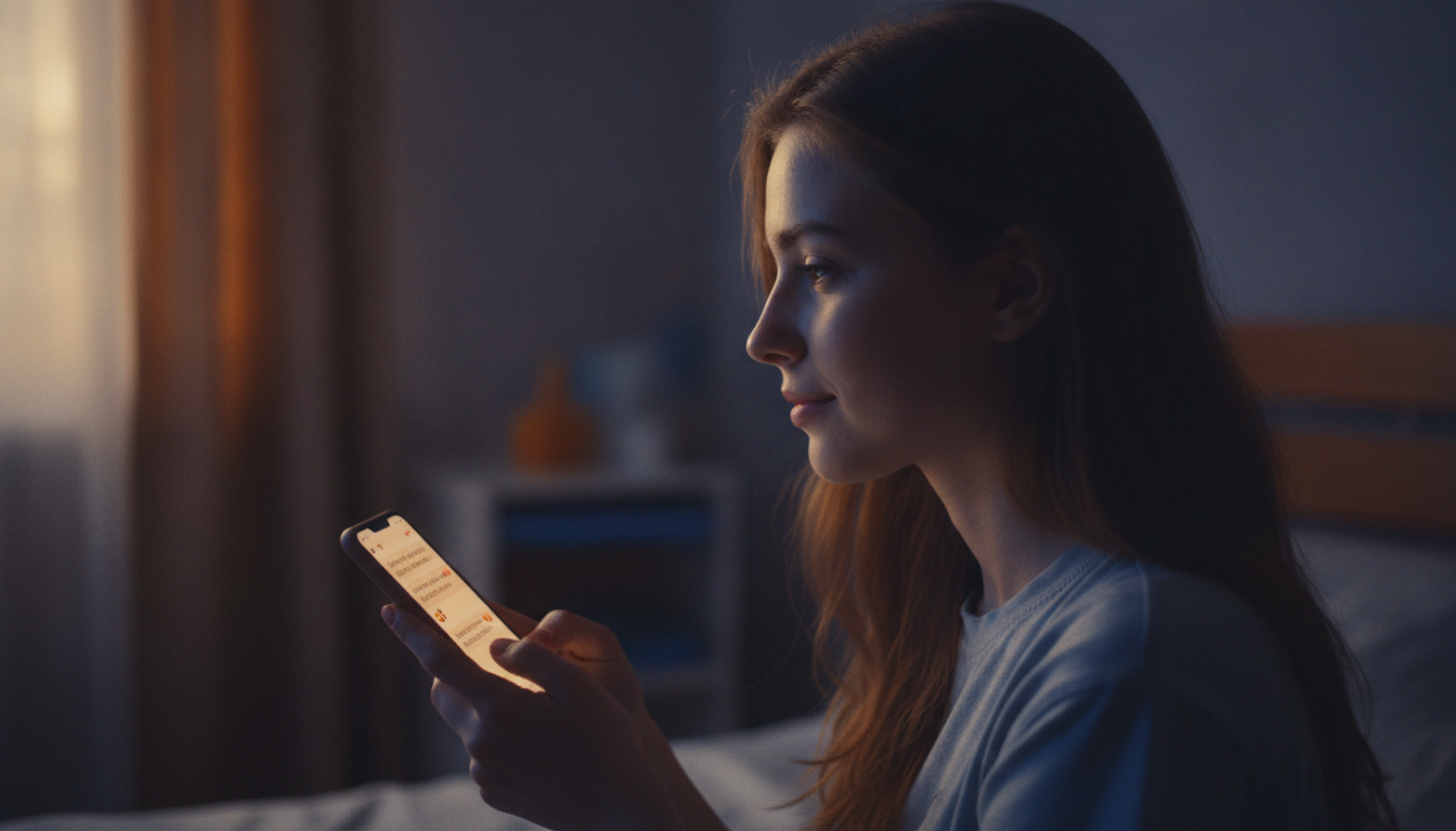 Cinematic image of a smartphone displaying sweet morning and night messages from an AI girlfriend.