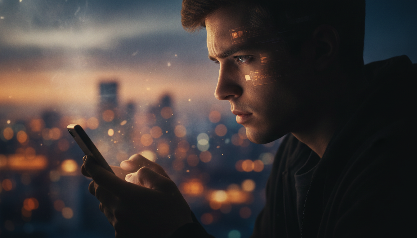 Cinematic image of a person smiling at a smartphone screen, symbolizing a virtual AI boyfriend in a long-distance relationshi