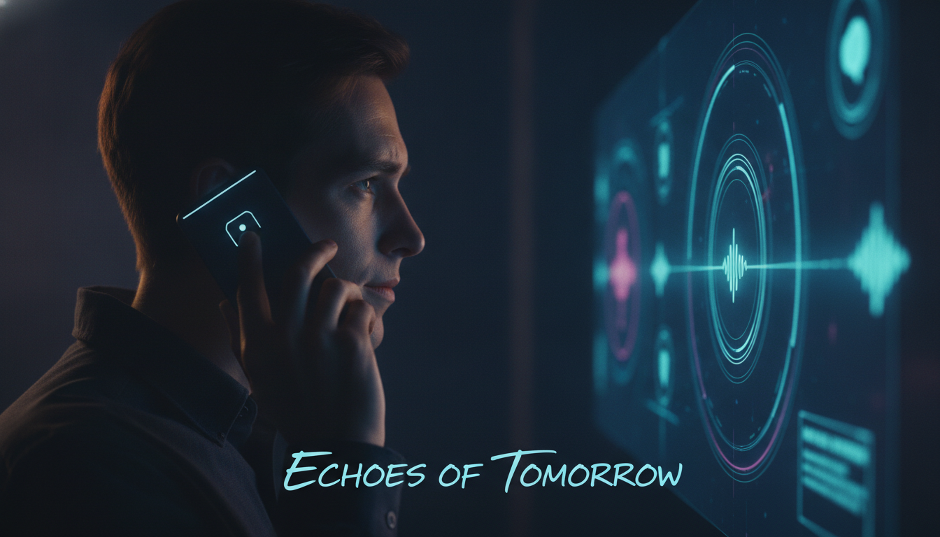 Cinematic image of a smartphone displaying an AI companion app with voice call icons and glowing chat bubbles.