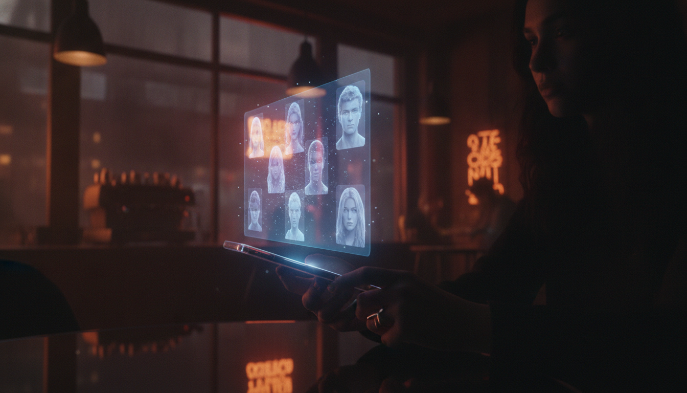 Cinematic scene of a person interacting with a futuristic AI dating app on a holographic screen in 2026.