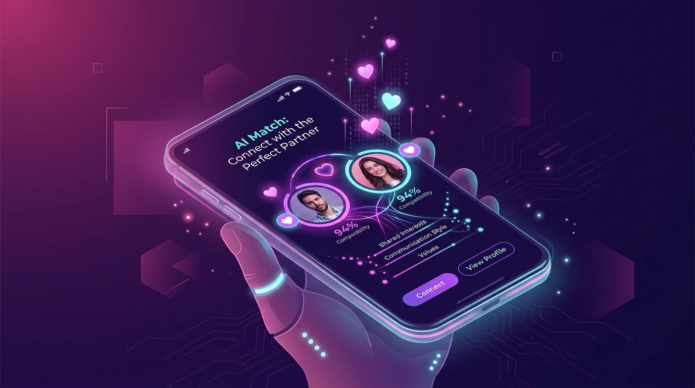 Brand text graphic with the title "How AI Dating Apps Work in 2026: The Future of Finding Love" in modern font.