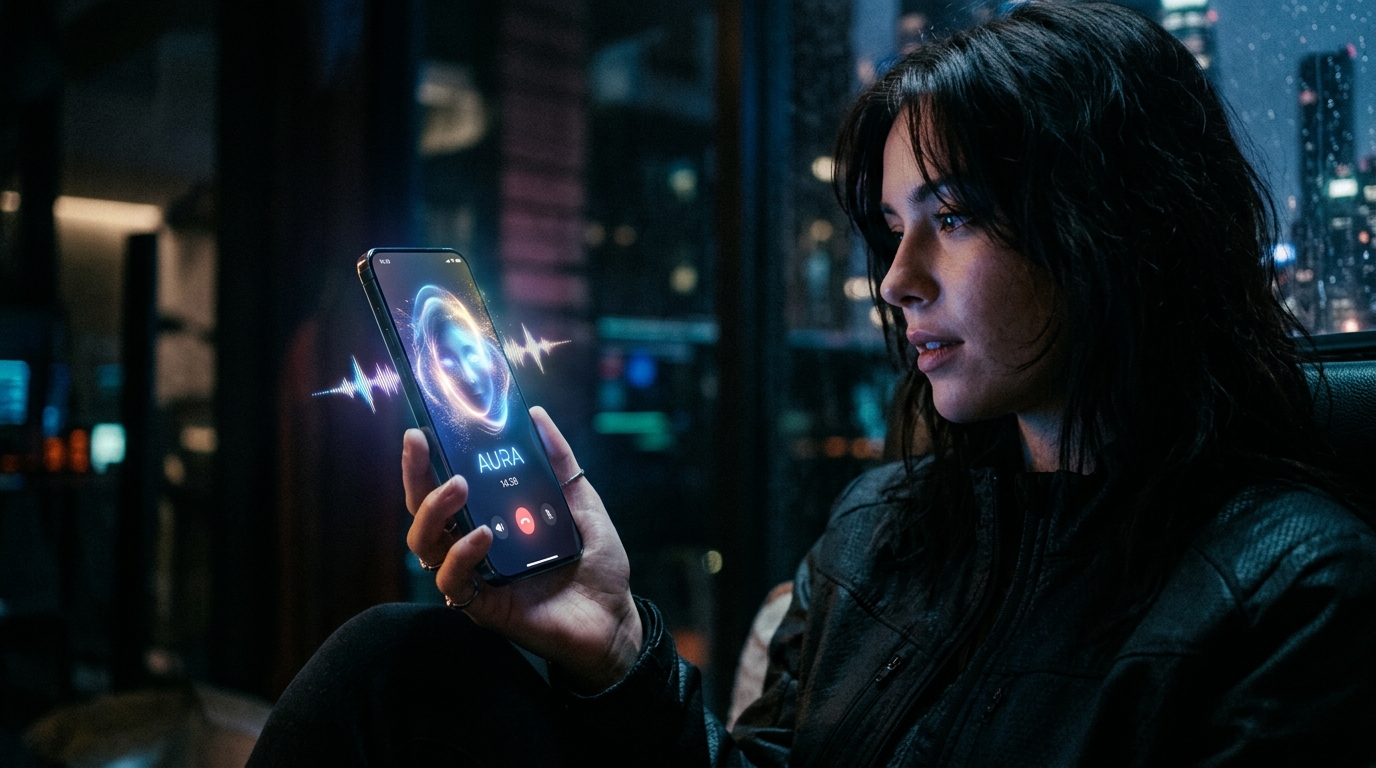 Cinematic image of a smartphone displaying an AI companion voice call interface with futuristic graphics.