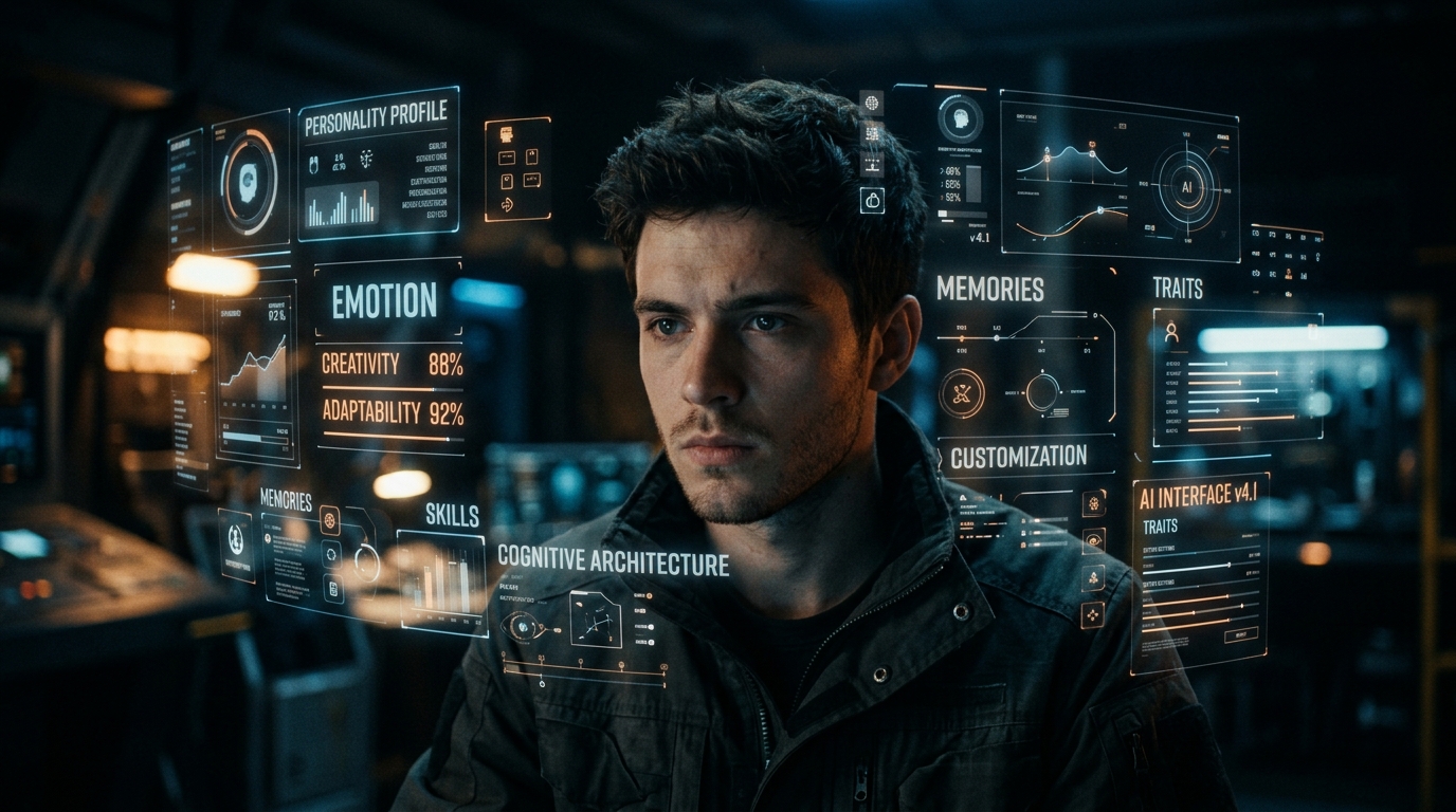 Cinematic close-up of a person interacting with a futuristic AI boyfriend on a digital screen.