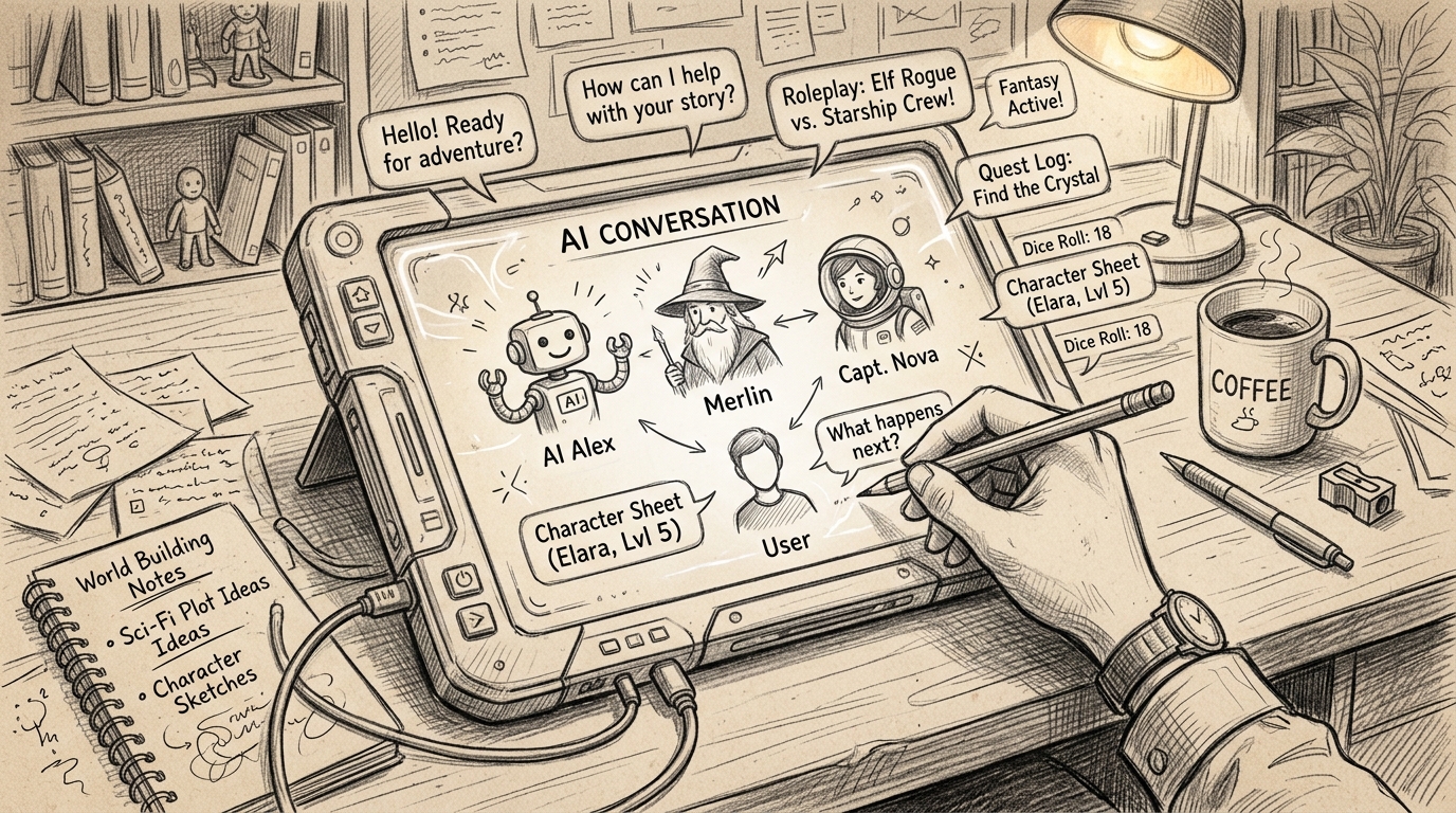 Sketch of a smartphone displaying AI chatbot icons with futuristic roleplay elements around it.