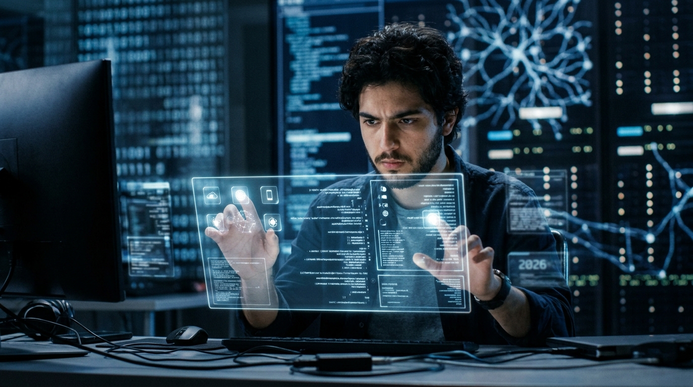 Cinematic image of a futuristic AI chat interface with safety icons and digital guidelines overlay.