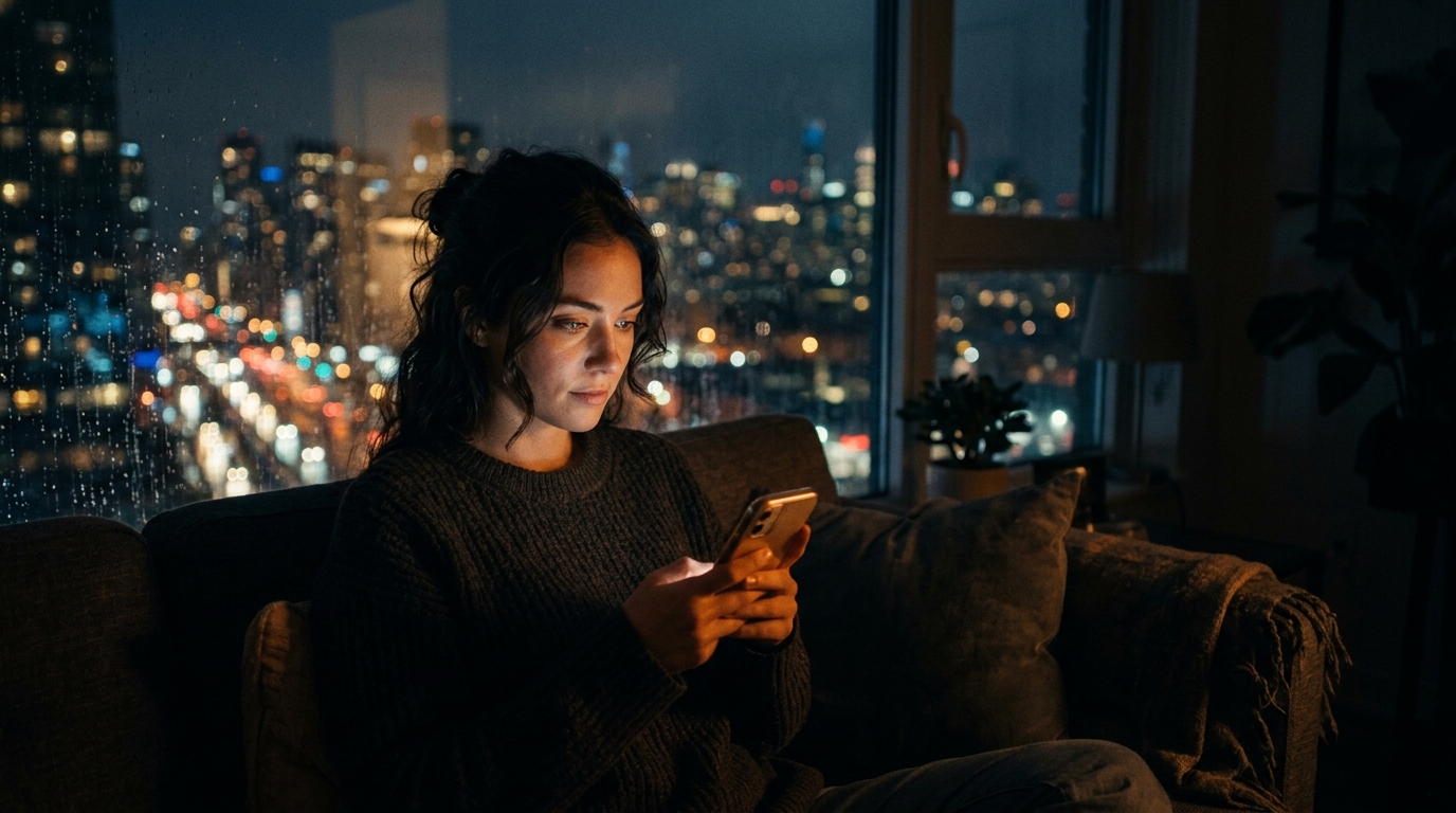 Cinematic scene of a person chatting with an AI companion app on their phone late at night under soft blue lighting.