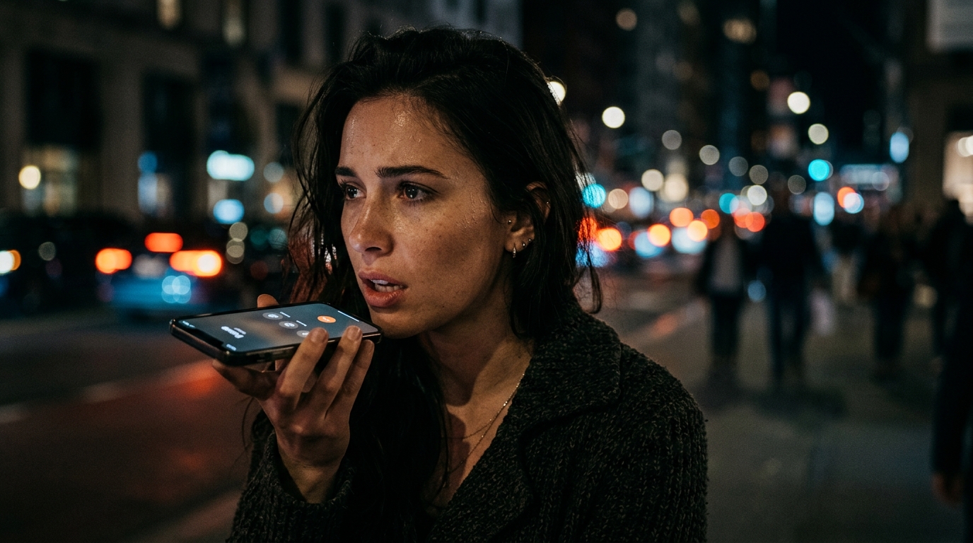 Cinematic close-up of a smartphone screen showing an AI girlfriend voice call interface with sound wave graphics.