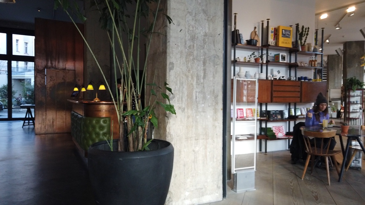 Boutique Hotel or Design Café Interior with Bamboo Plant and Retail Shelving