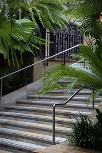 Stone Stairs with Modern Metal Railings and Lush Greenery