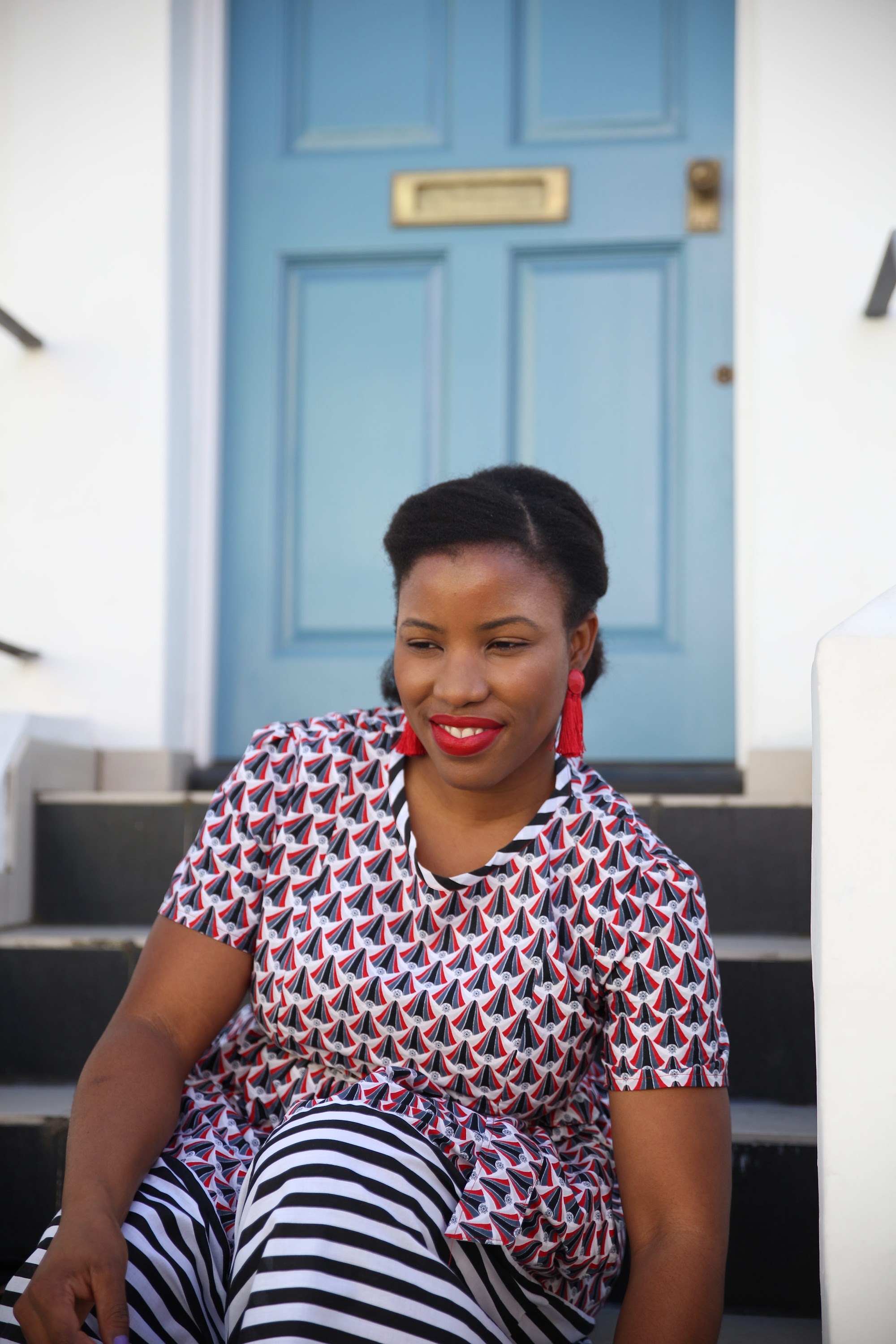 Street Fashion Portrait in Front of Blue London Townhouse