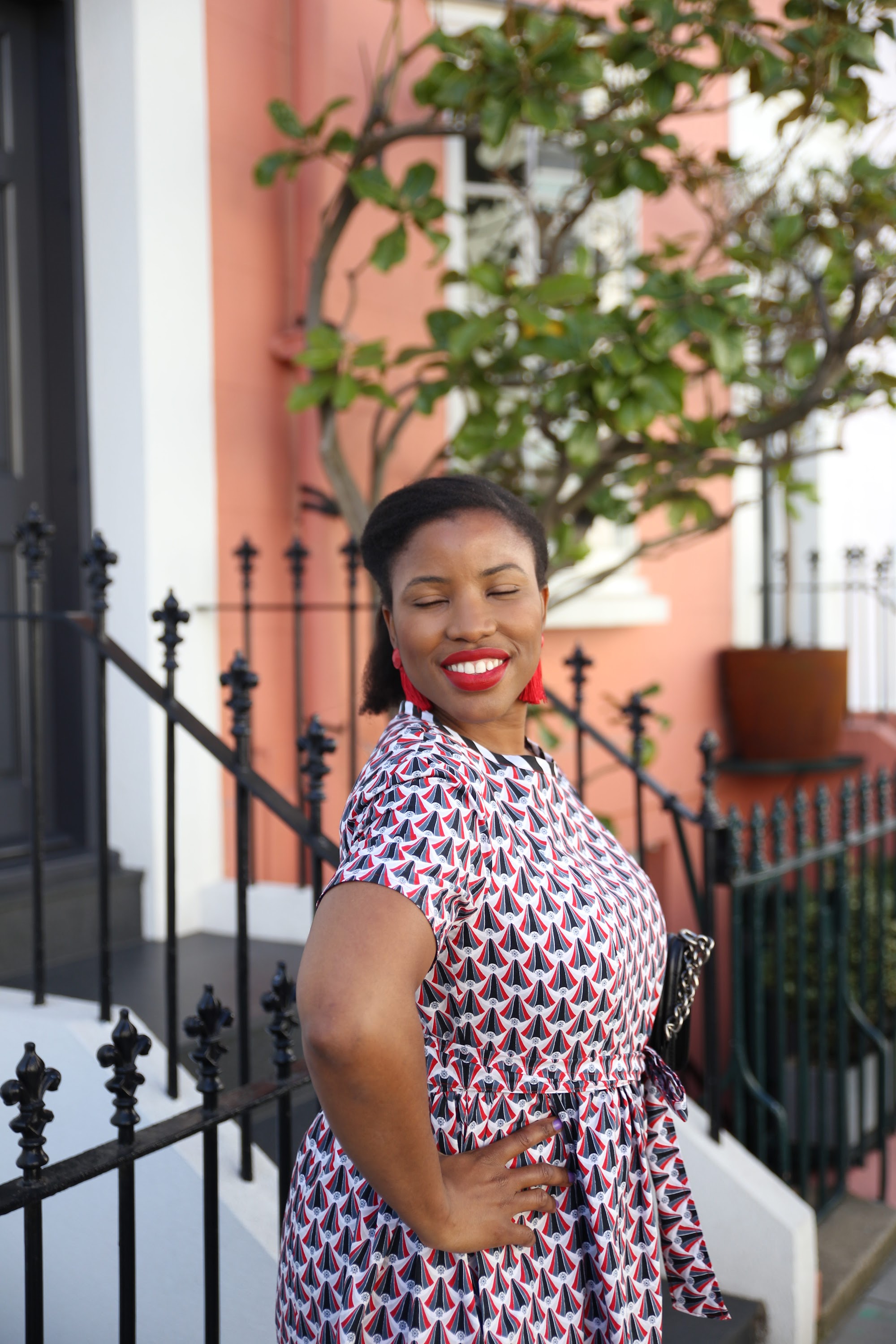 Street Fashion Portrait in Front of Blue London Townhouse